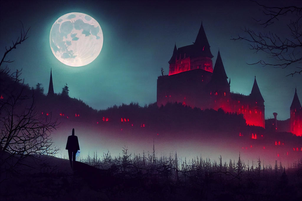 3D render of Dracula castle is lit in a forest at night with a f